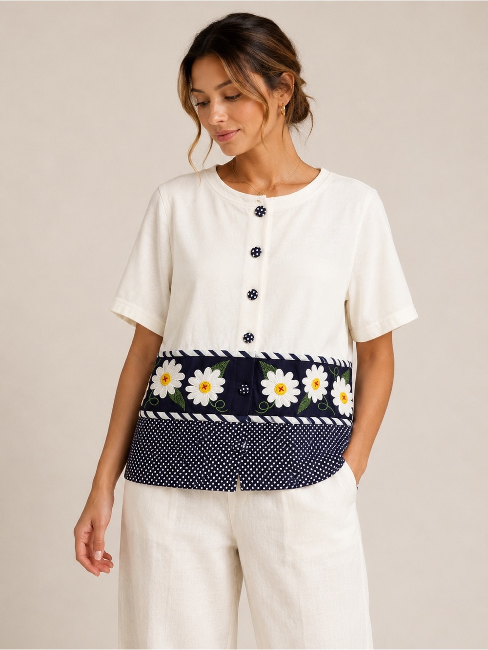 Bechamel Women’s Button Shirt Cotton Flower Embroidered Polka Dot   Prairie Boxy